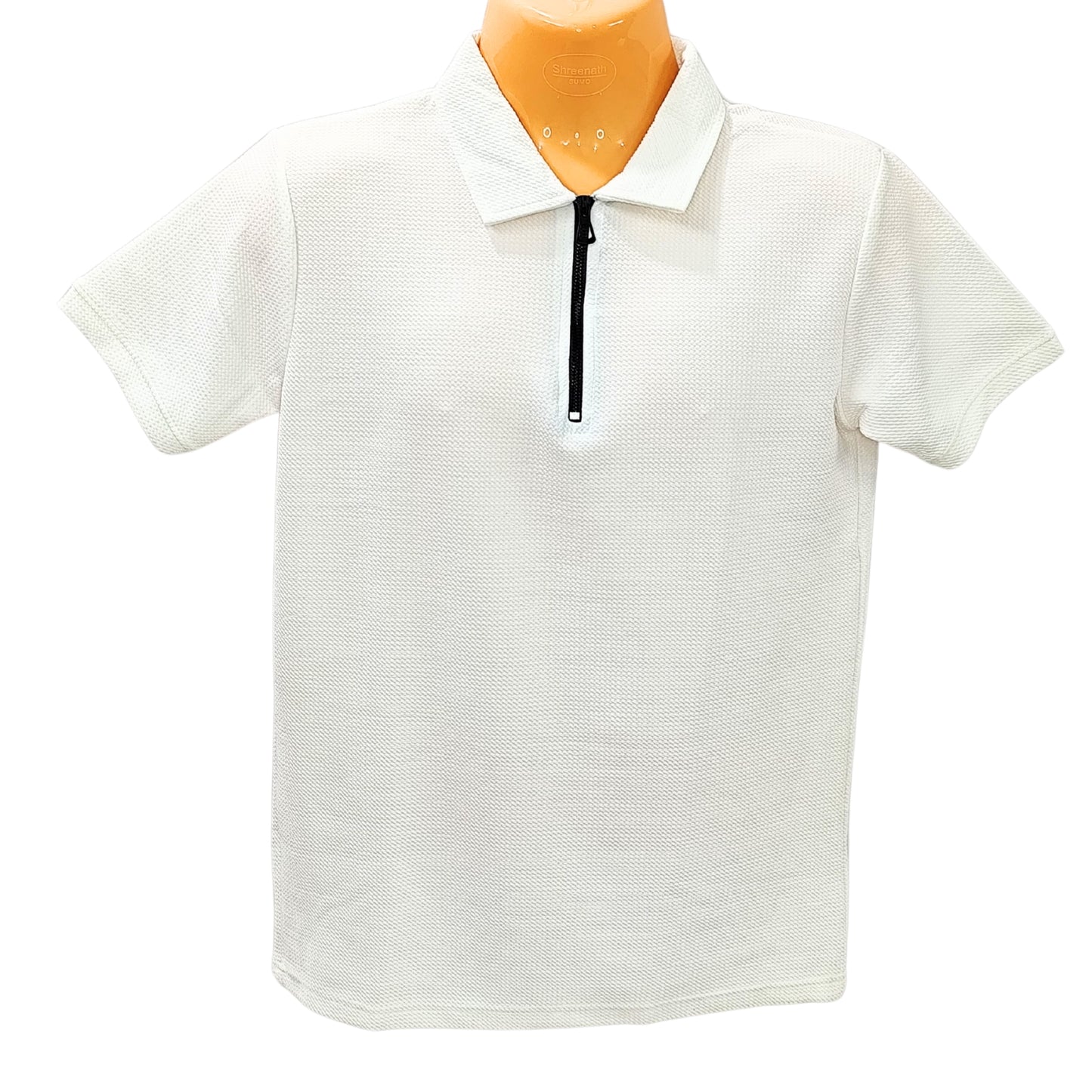 SOLID WHITE ZIPPER POLY MEN COLLAR HALF/S TSHIRT