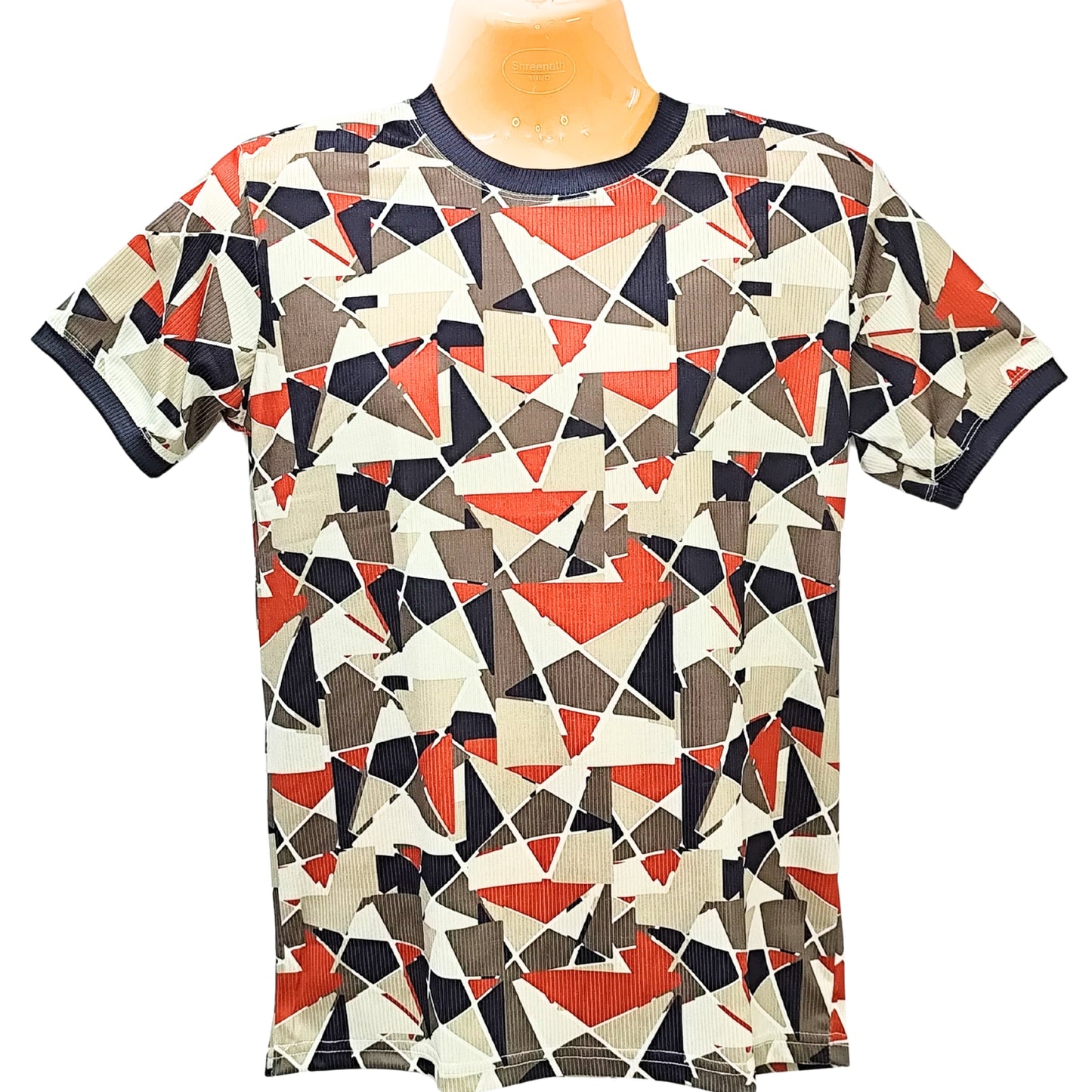 GEOMETRIC PRINT MEN POLY HALF/S ROUND/N TSHIRT