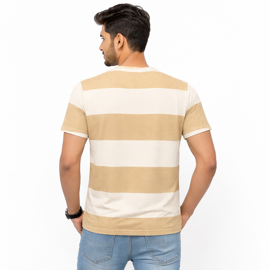 Men Stripped Print Round Neck Polyester Casual Tshirt