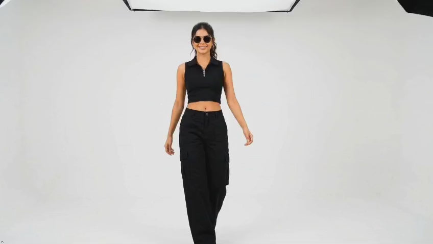 Women Black Polo Zipper Ribbed Tank Top video - FASHFILO™