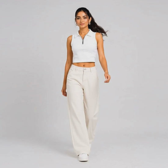 Women White Polo Zipper Ribbed Tank Top video - FASHFILO™