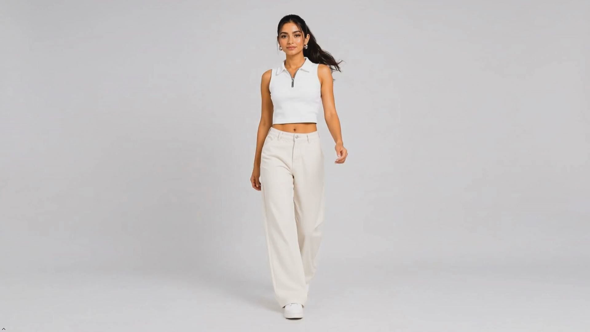 Women White Polo Zipper Ribbed Tank Top video - FASHFILO™