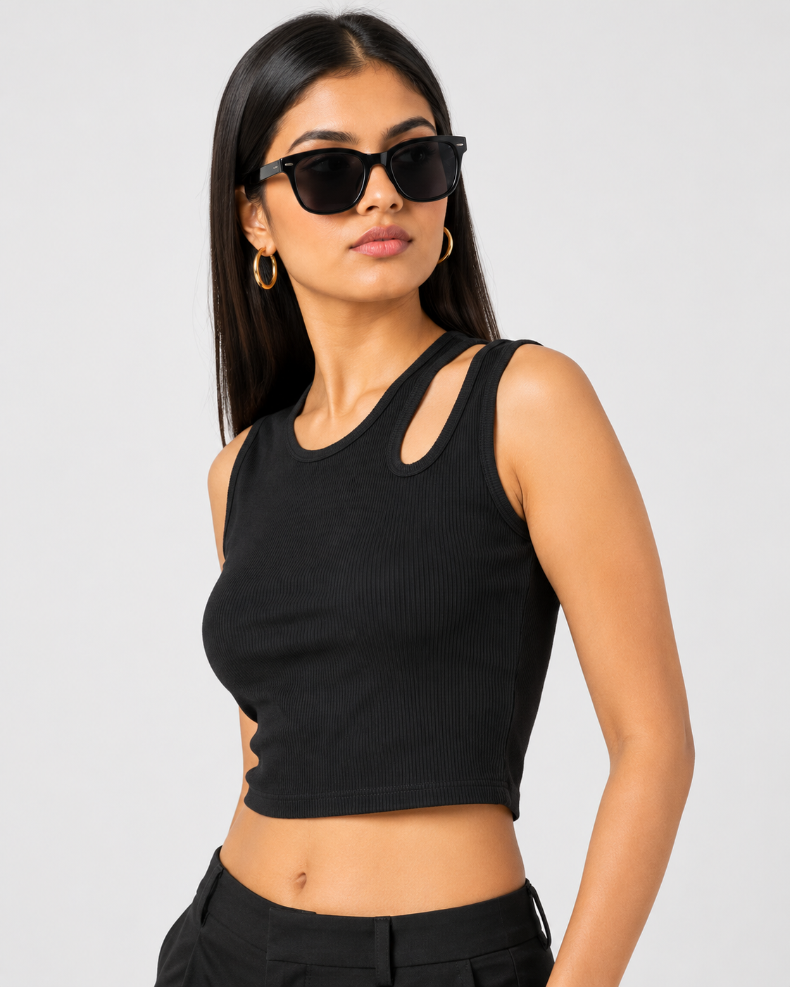 Women Black Asymmetrical Cut Out Crop Top |Fashfilo™