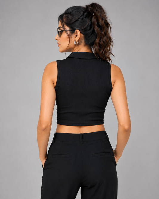 Women Black Polo Zipper Ribbed Tank Top back view - FASHFILO™