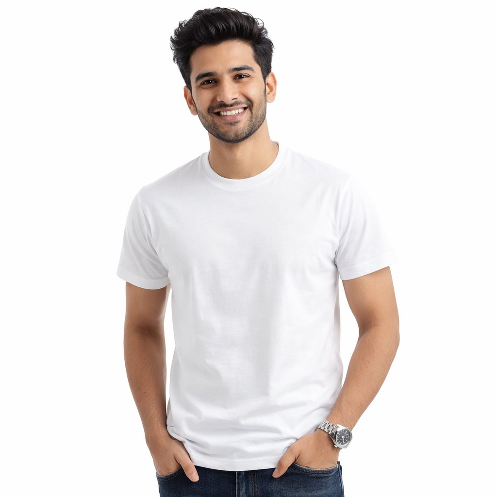 Men Solid White Round Neck Cotton Casual Tshirt