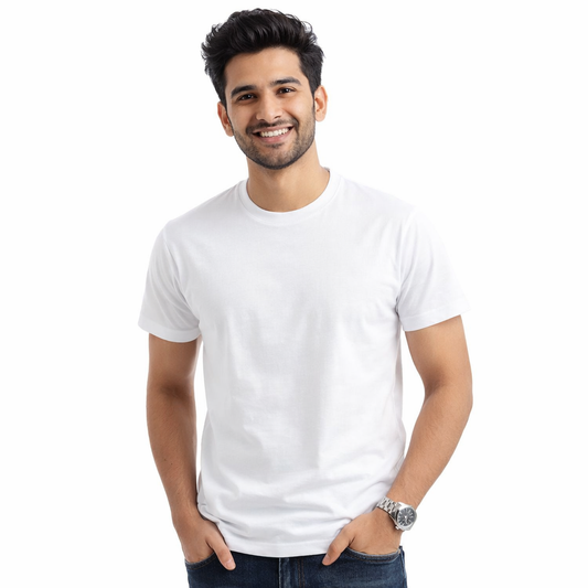 Men Solid White Round Neck Cotton Casual Tshirt
