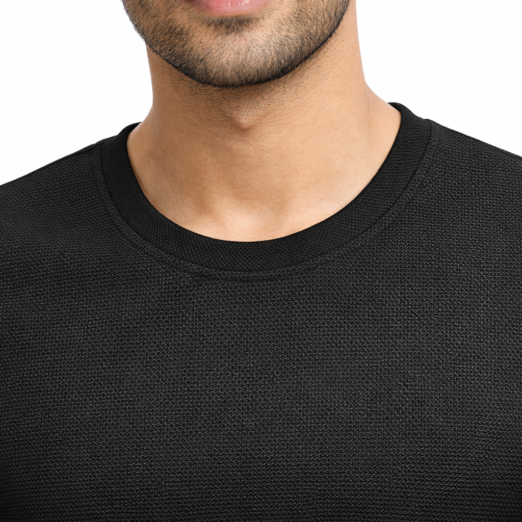 Men Mosaic Solid Black Round Neck Polyester Casual Tshirt