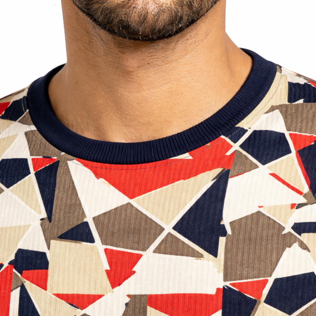Men Geometric Print Round Neck Polyester Partywear Tshirt