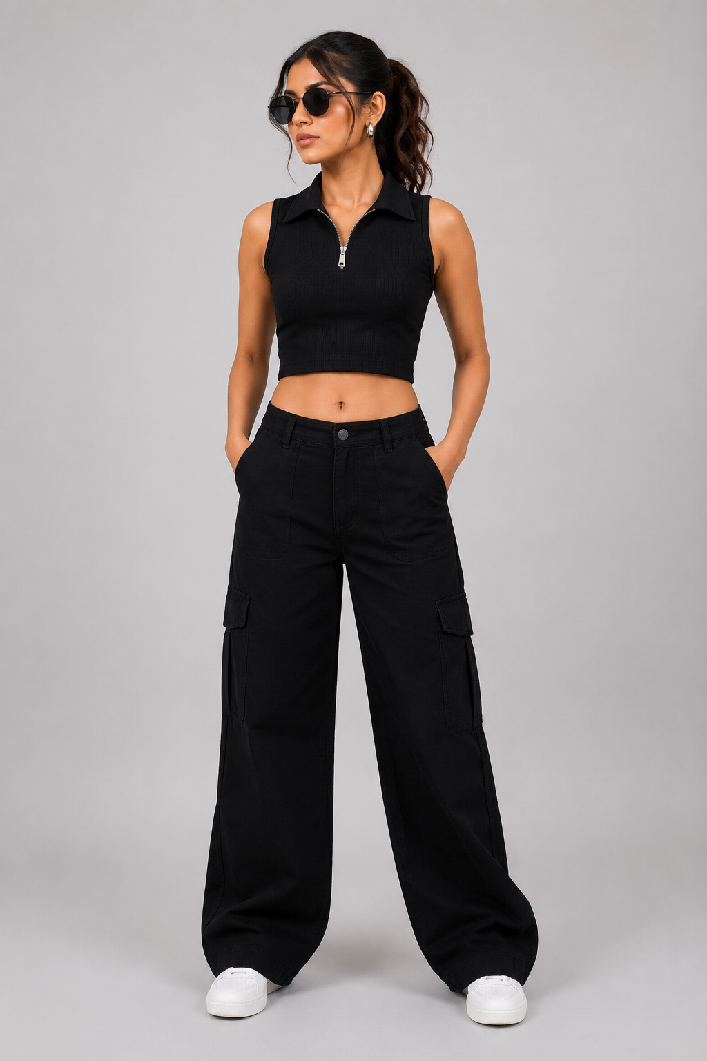 Women Black Polo Collar Zipper Ribbed Tank Top | Fashfilo™