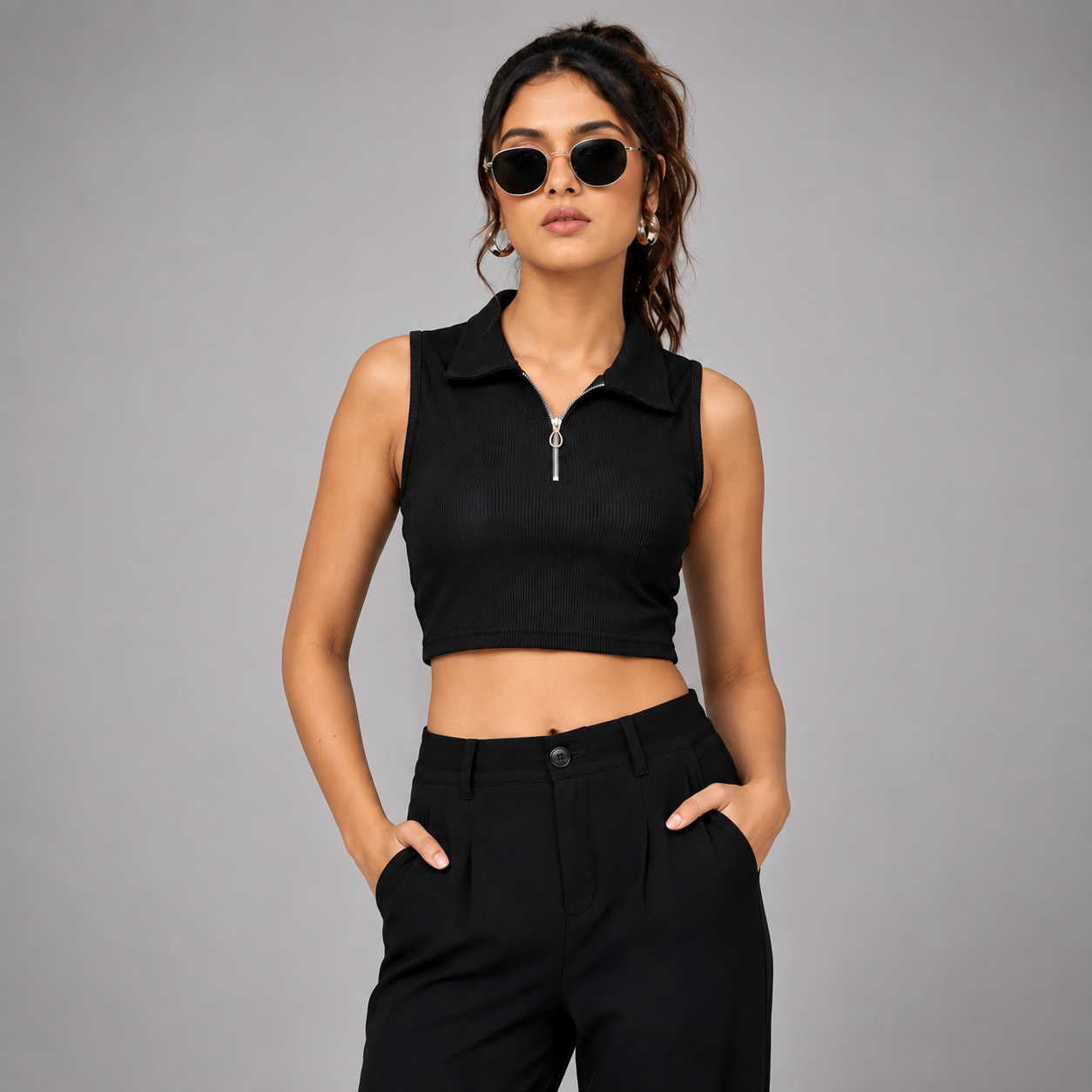 Women Black Polo Collar Zipper Ribbed Tank Top | Fashfilo™