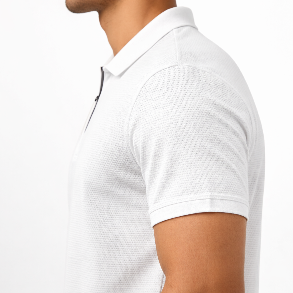 Men Mosaic Solid White Zipper Polo Polyester Casual Tshirt