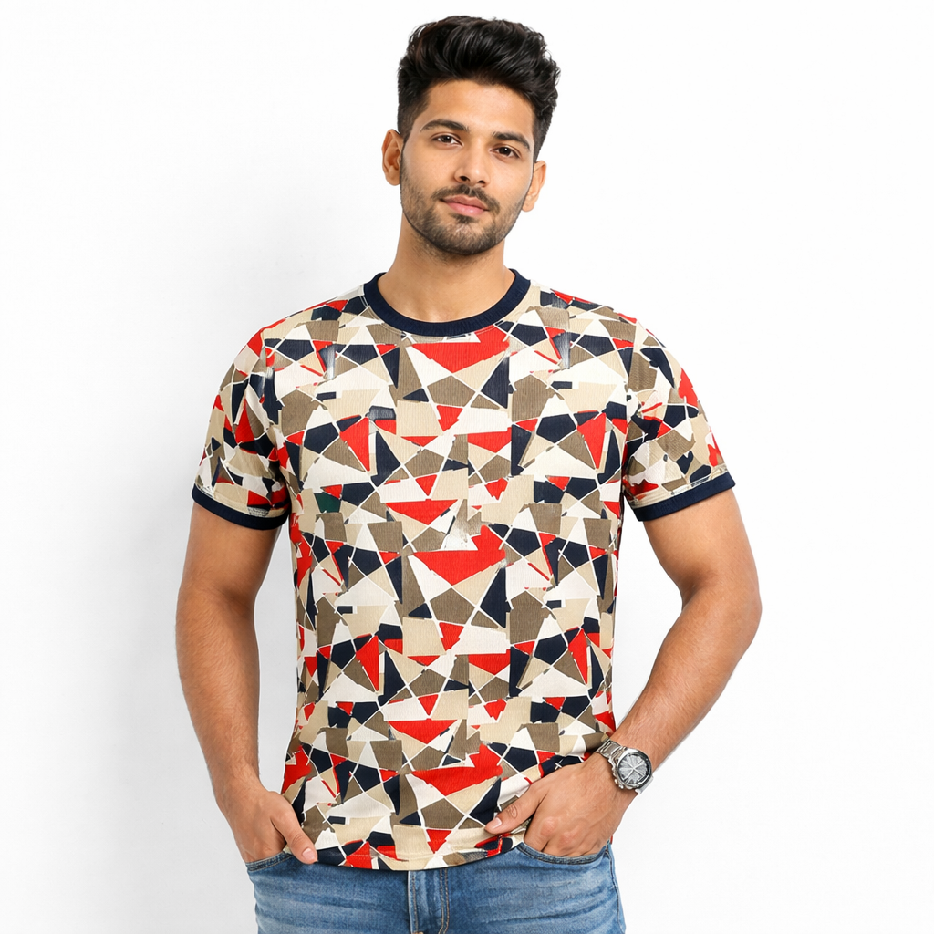 Men Geometric Print Round Neck Polyester Partywear Tshirt