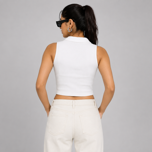 Women White Polo Zipper Ribbed Tank Top back view - FASHFILO™