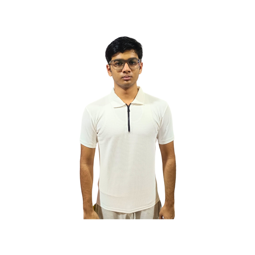 Men Mosaic Solid White Zipper Polo Polyester Casual Tshirt