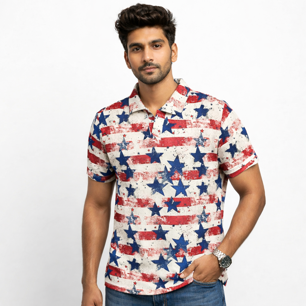 Men Star Print Polo Polyester Casual Tshirt