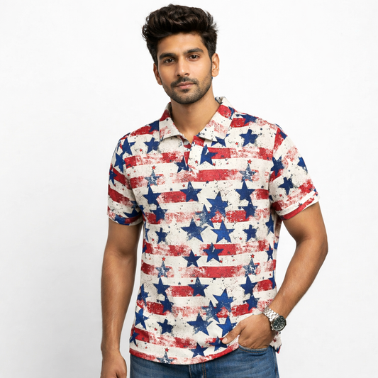 Men Star Print Polo Polyester Casual Tshirt