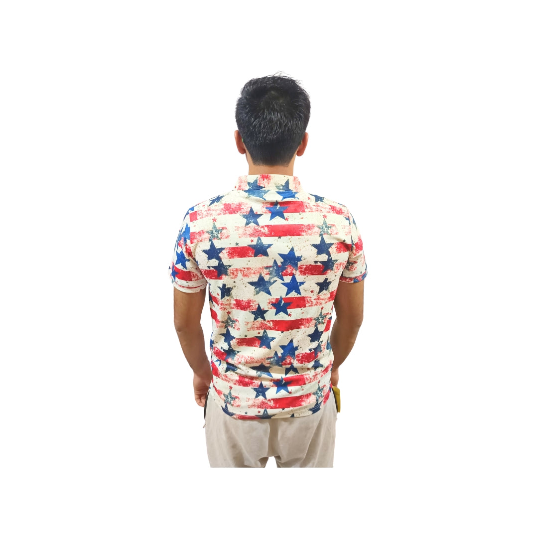 Men Star Print Polo Polyester Casual Tshirt