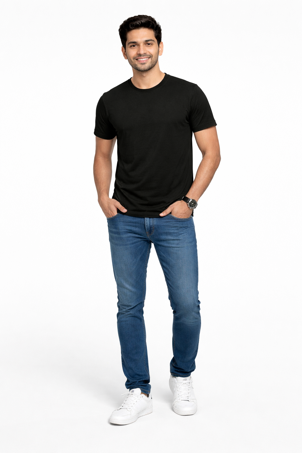 Men Solid Black Round Neck Cotton Casual Tshirt