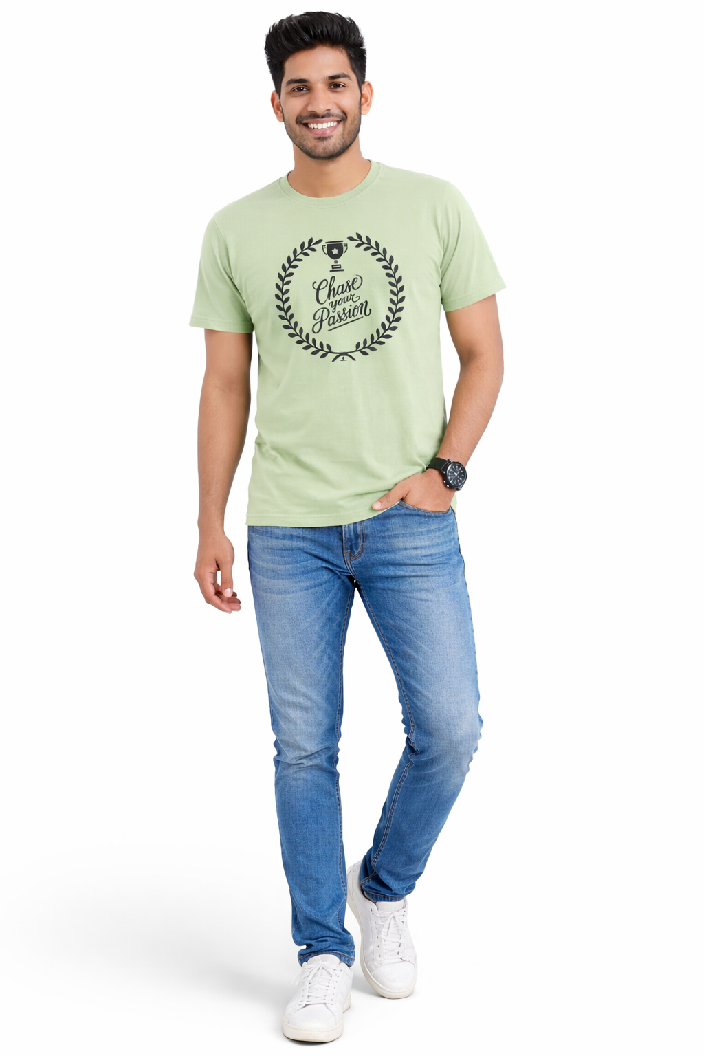 Men Typography Print Round Neck Cotton Casual Light Green Tshirt