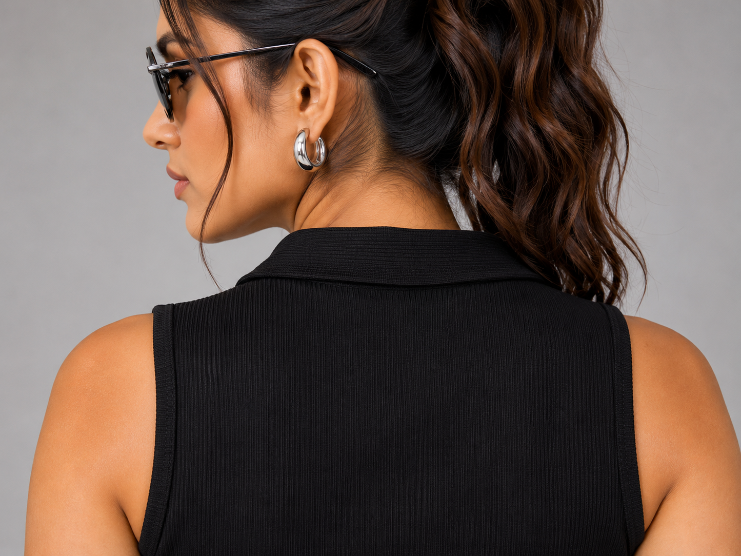Women Black Polo Collar Zipper Ribbed Tank Top | Fashfilo™