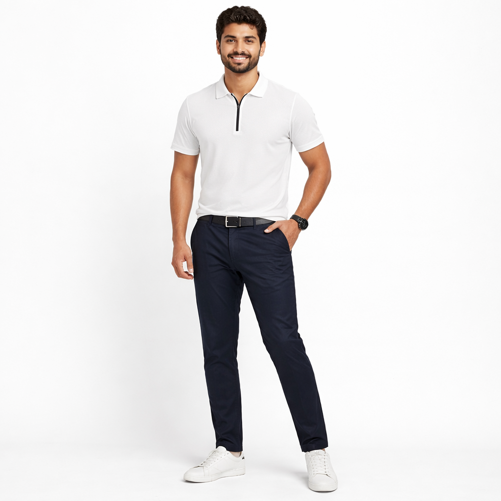 Men Mosaic Solid White Zipper Polo Polyester Casual Tshirt