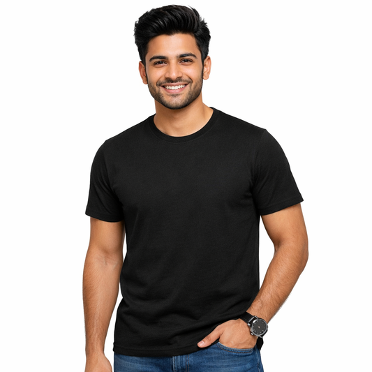 Men Solid Black Round Neck Cotton Casual Tshirt