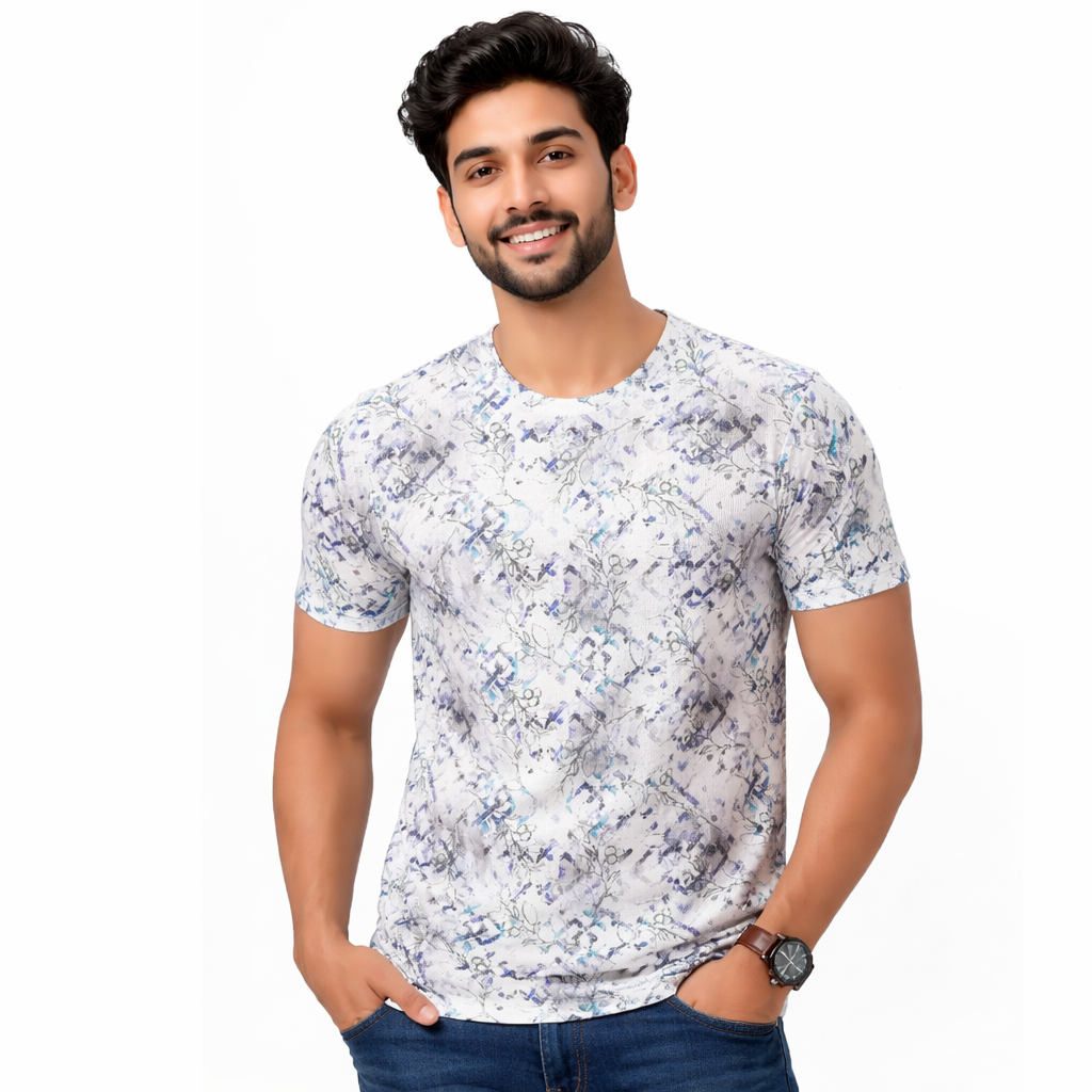 Men Funky Floral Print Round Neck Polyester Casual Tshirt
