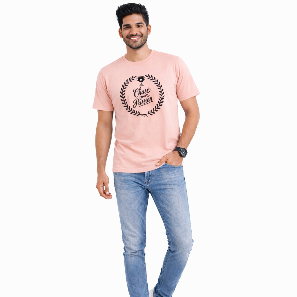 Men Typography Print Round Neck Cotton Casual Peach Tshirt