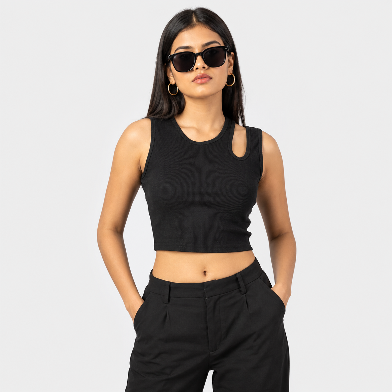 Women Black Asymmetrical Cut Out Crop Top |Fashfilo™