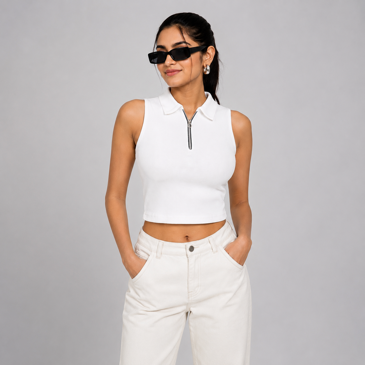 Women White Polo Zipper Ribbed Tank Top |Fashfilo™