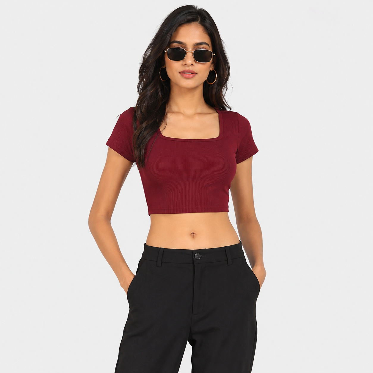 Women's Maroon Square Neck Crop Top