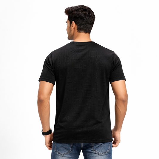 Men Mosaic Solid Black Round Neck Polyester Casual Tshirt