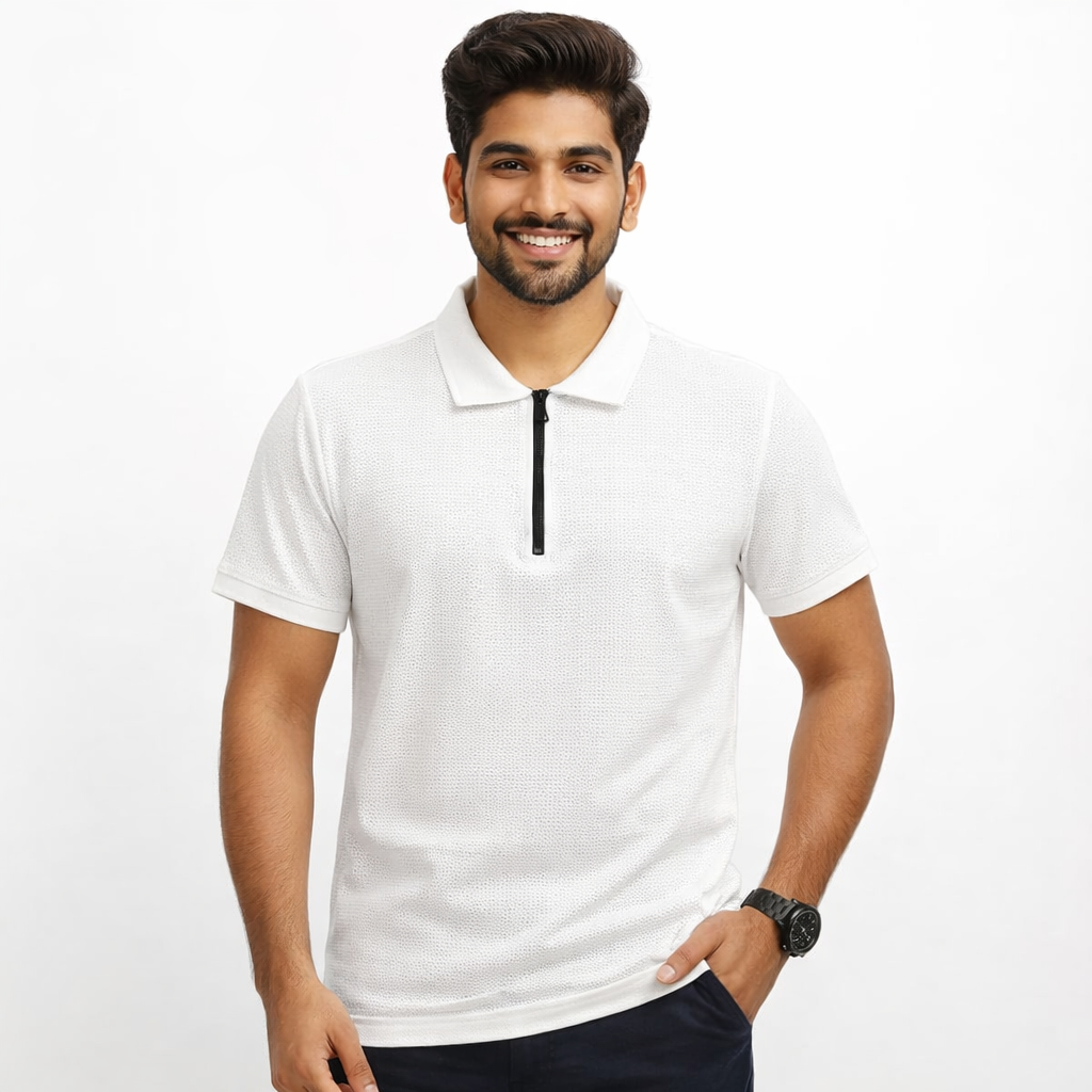 Men Mosaic Solid White Zipper Polo Polyester Casual Tshirt