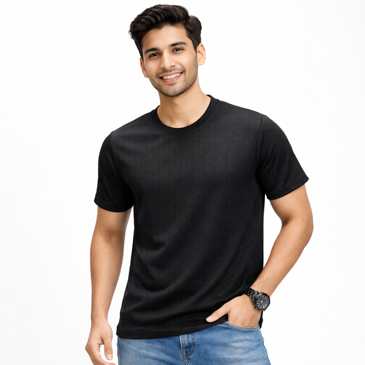 Men Mosaic Solid Black Round Neck Polyester Casual Tshirt