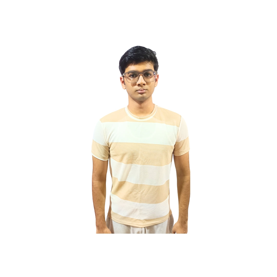 Men Stripped Print Round Neck Polyester Casual Tshirt