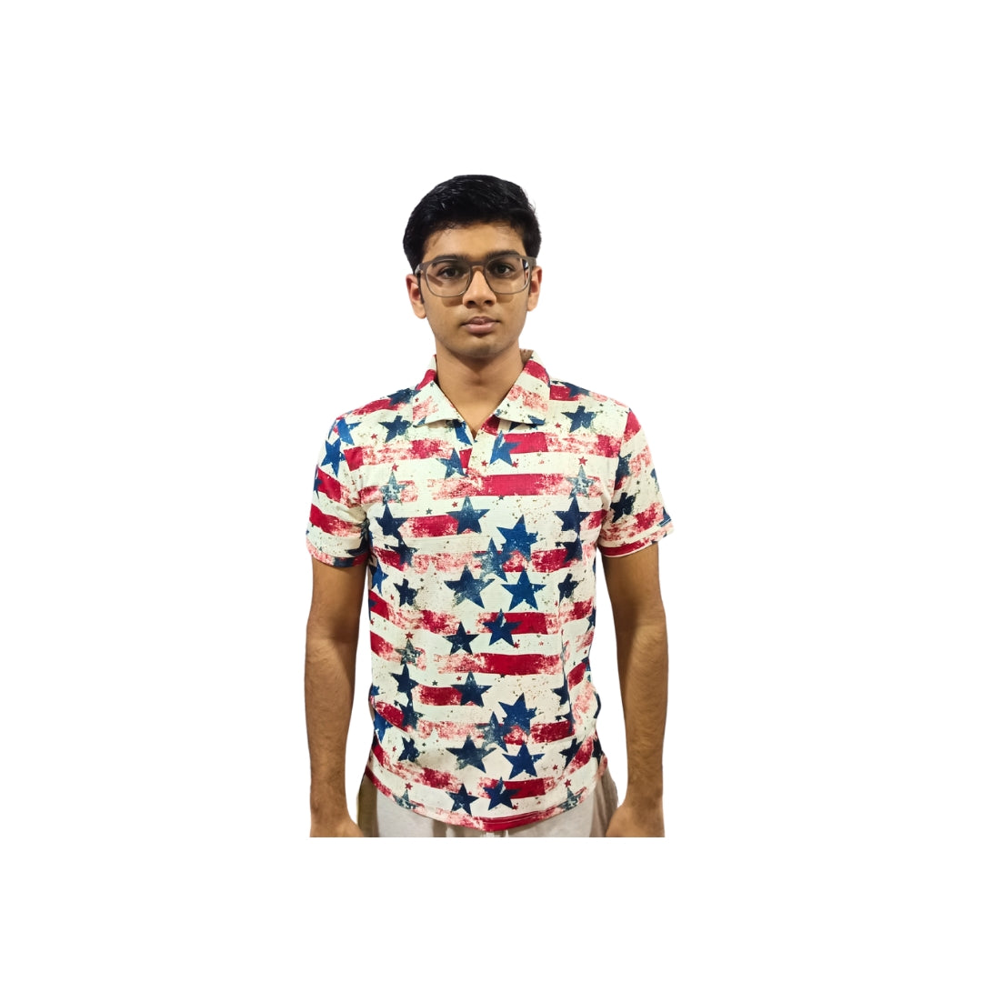 Men Star Print Polo Polyester Casual Tshirt