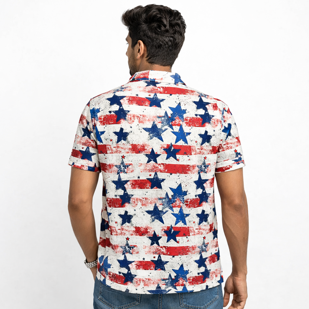 Men Star Print Polo Polyester Casual Tshirt