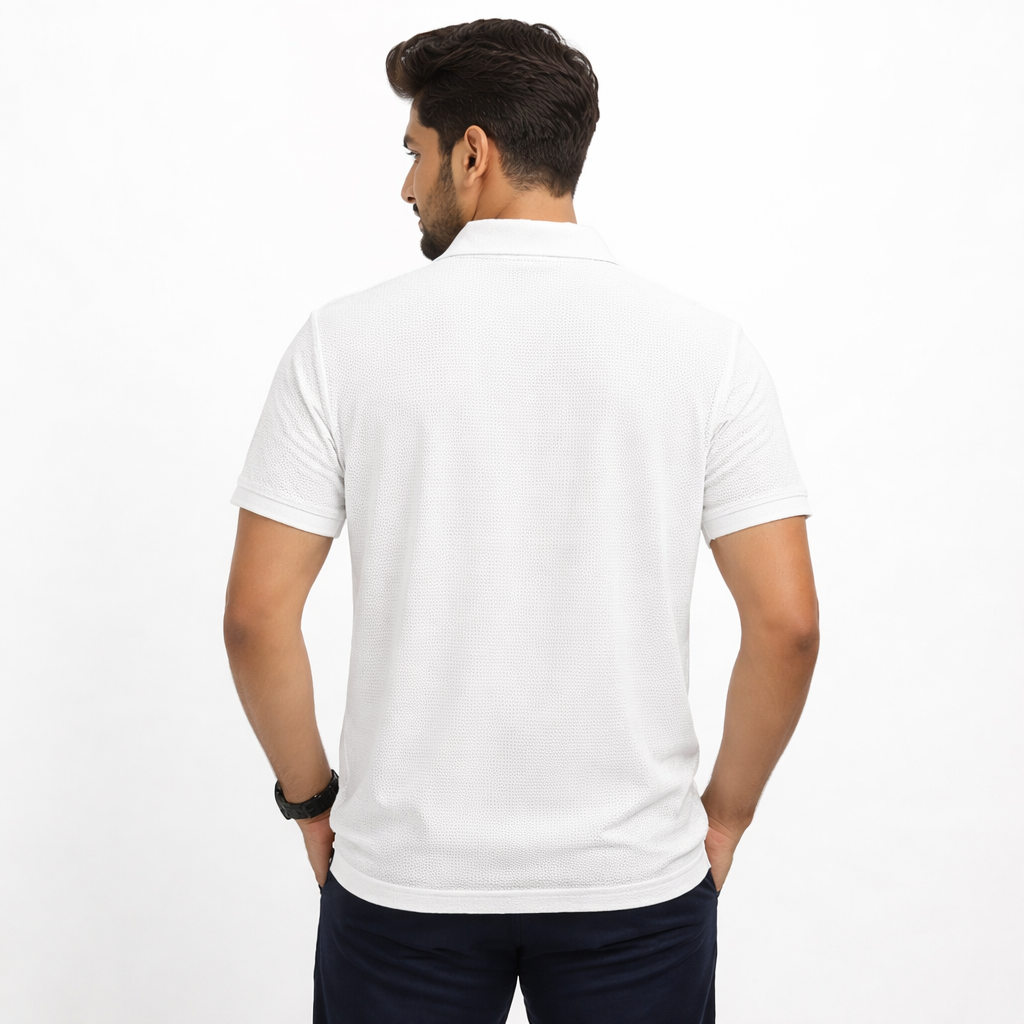 Men Mosaic Solid White Zipper Polo Polyester Casual Tshirt