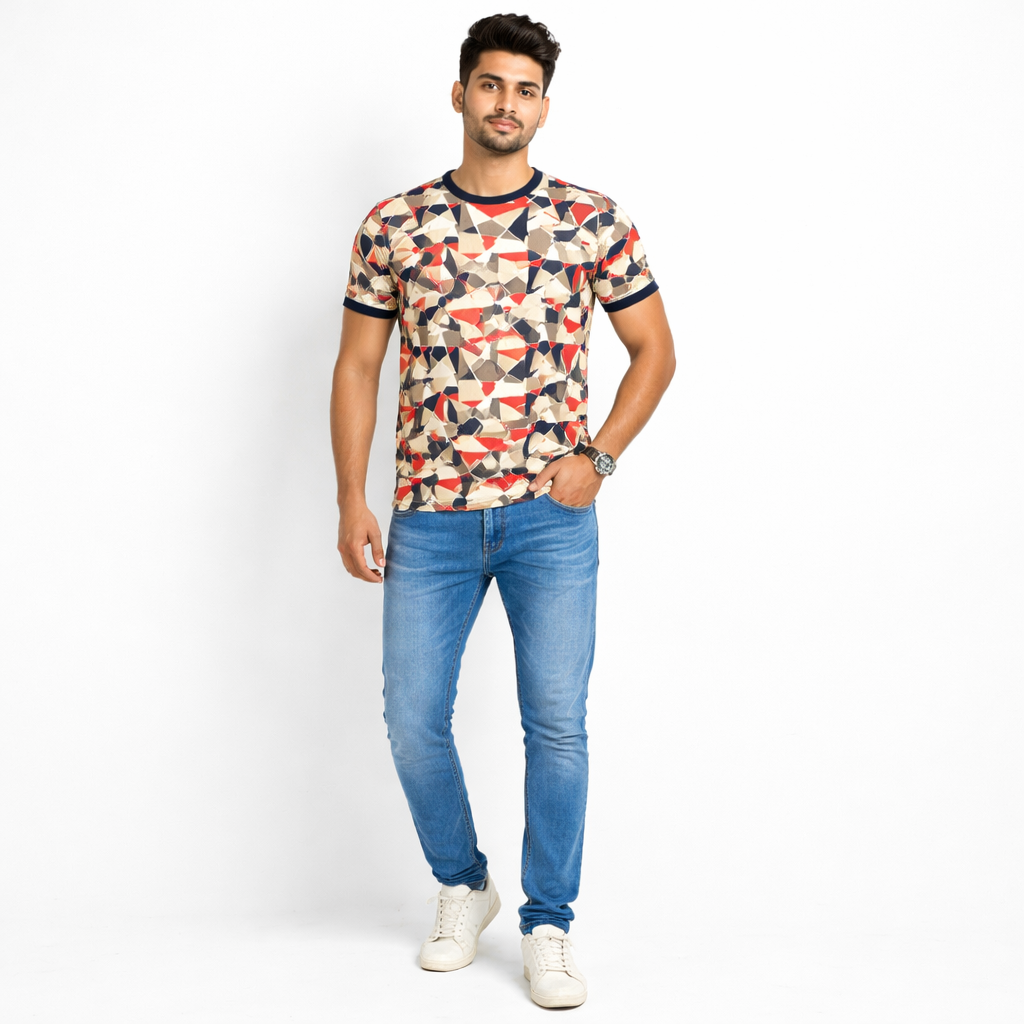 Men Geometric Print Round Neck Polyester Partywear Tshirt