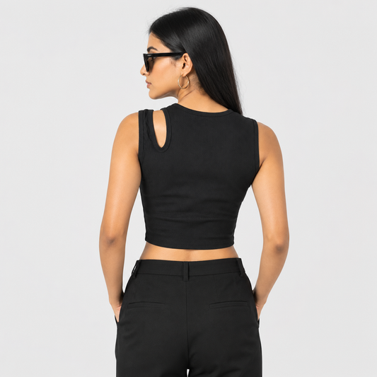 Women Black Asymmetrical Cut Out Crop Top back view - FASHFILO™