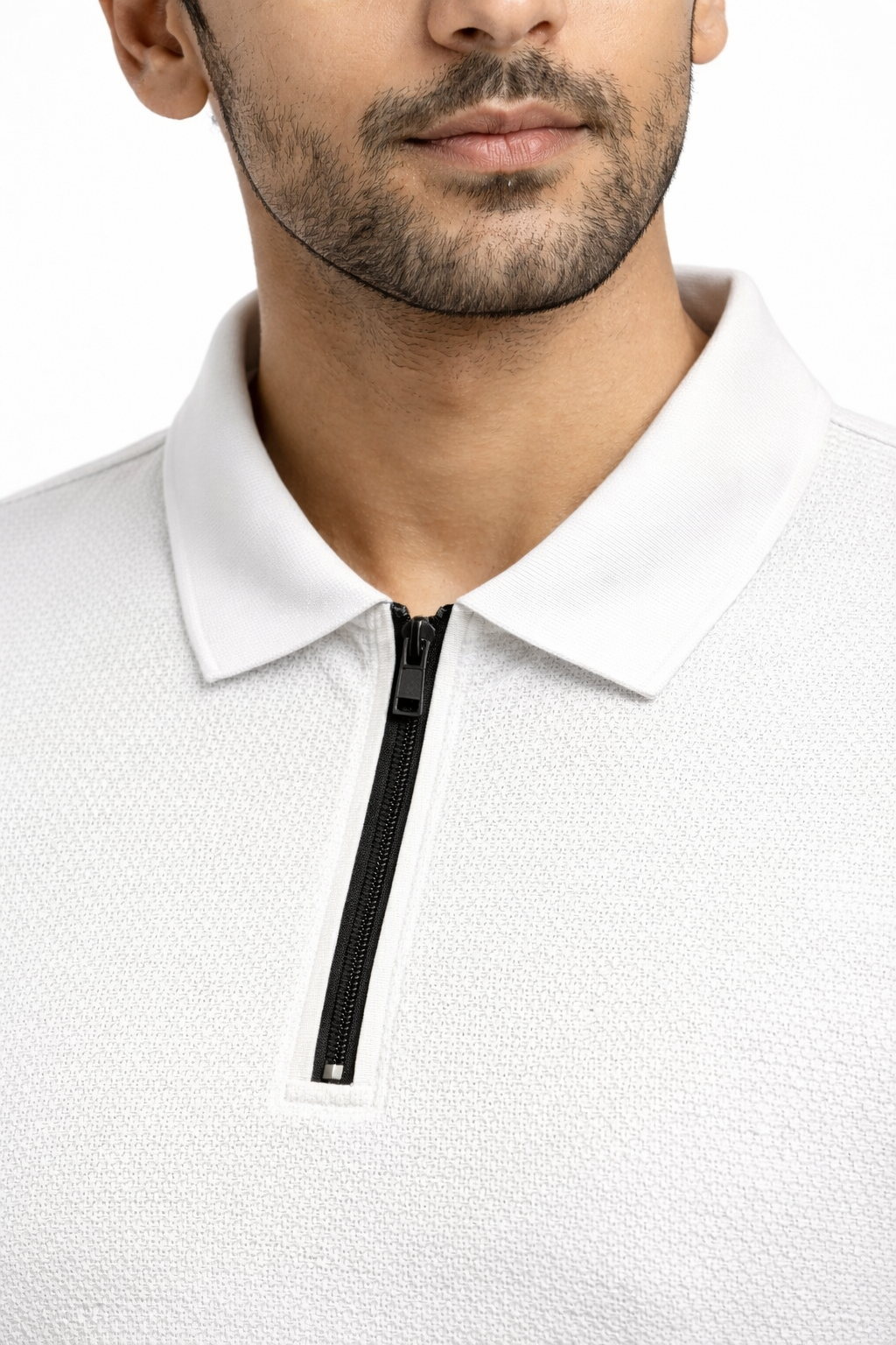 Men Mosaic Solid White Zipper Polo Polyester Casual Tshirt