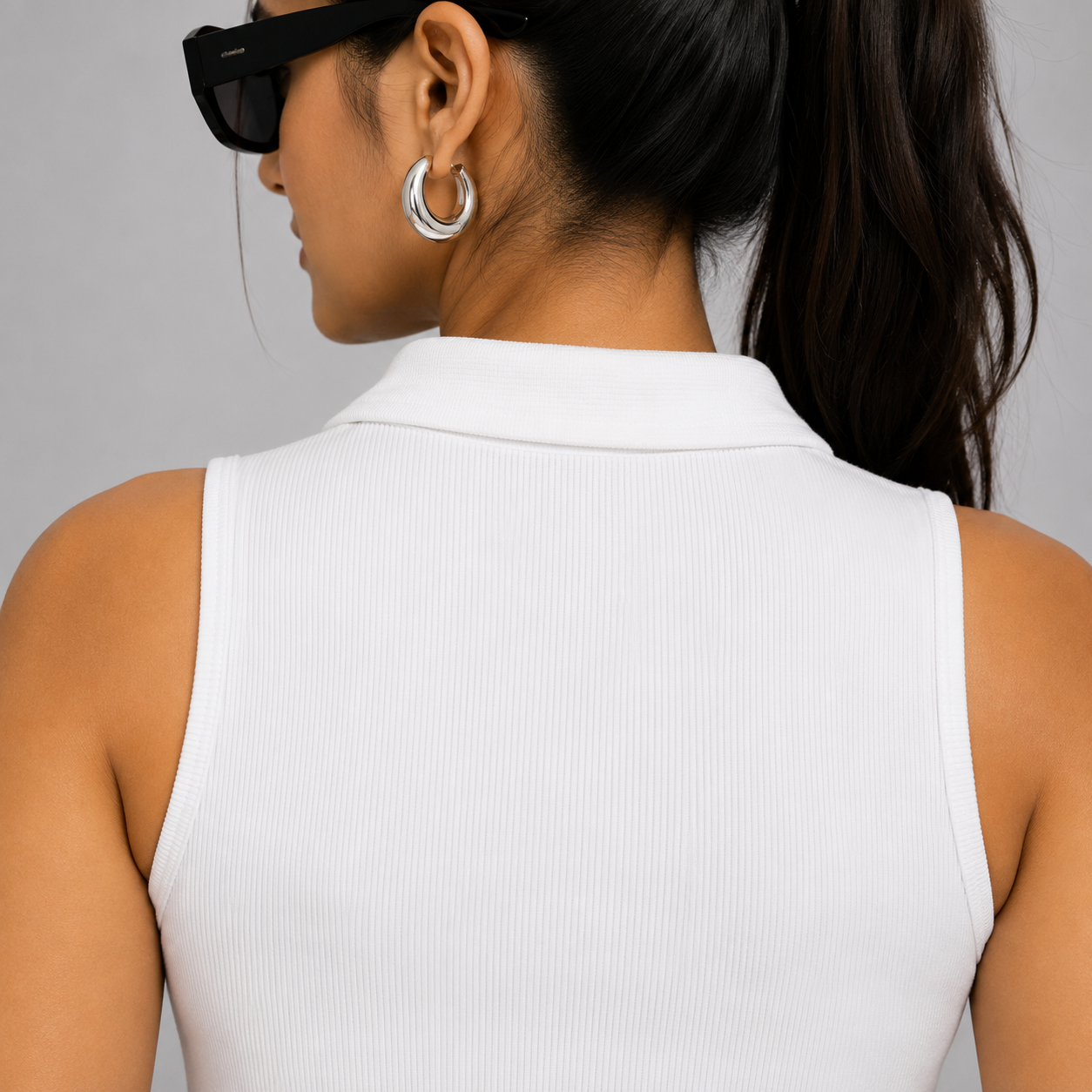 Women White Polo Zipper Ribbed Tank Top |Fashfilo™