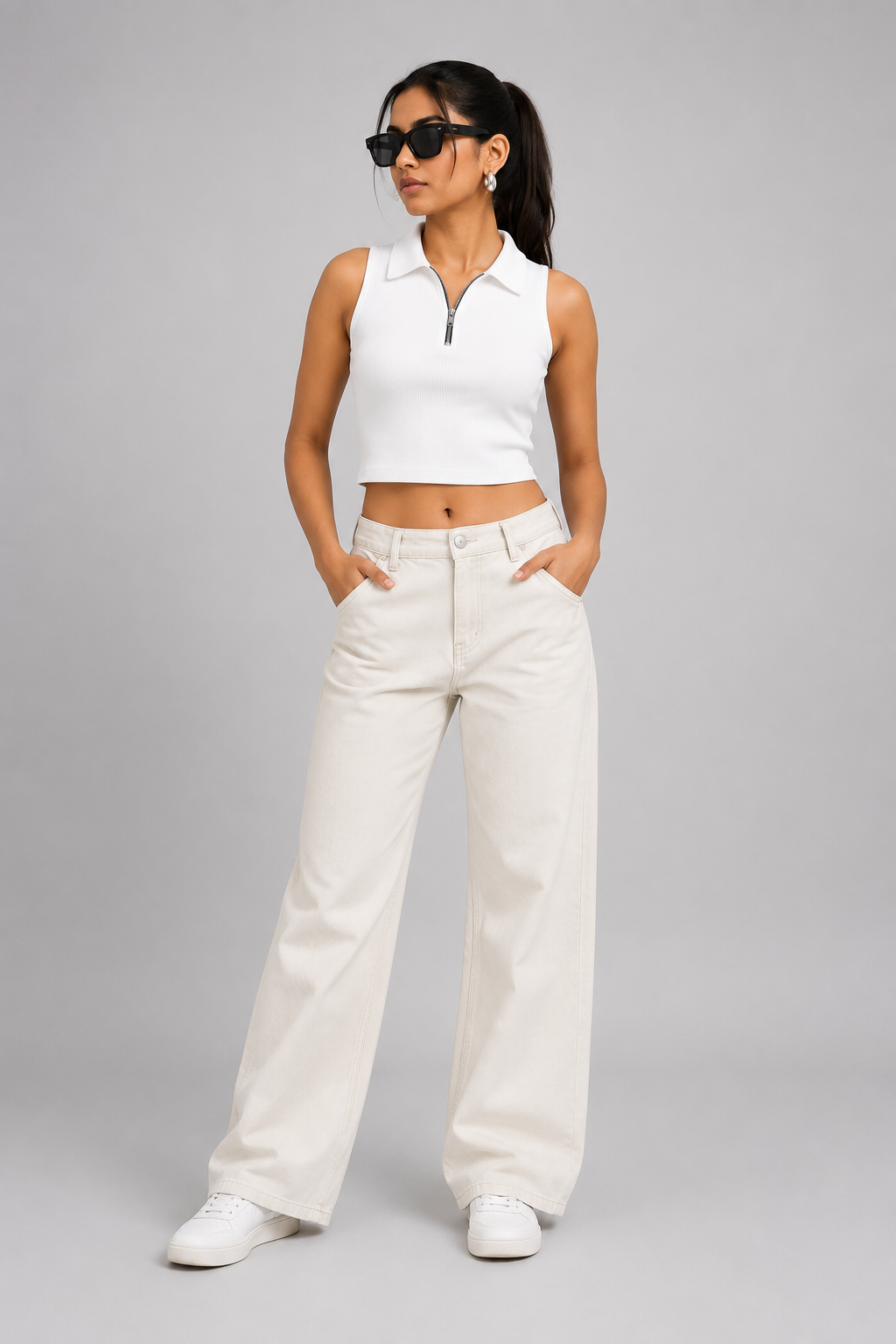 Women White Polo Zipper Ribbed Tank Top |Fashfilo™