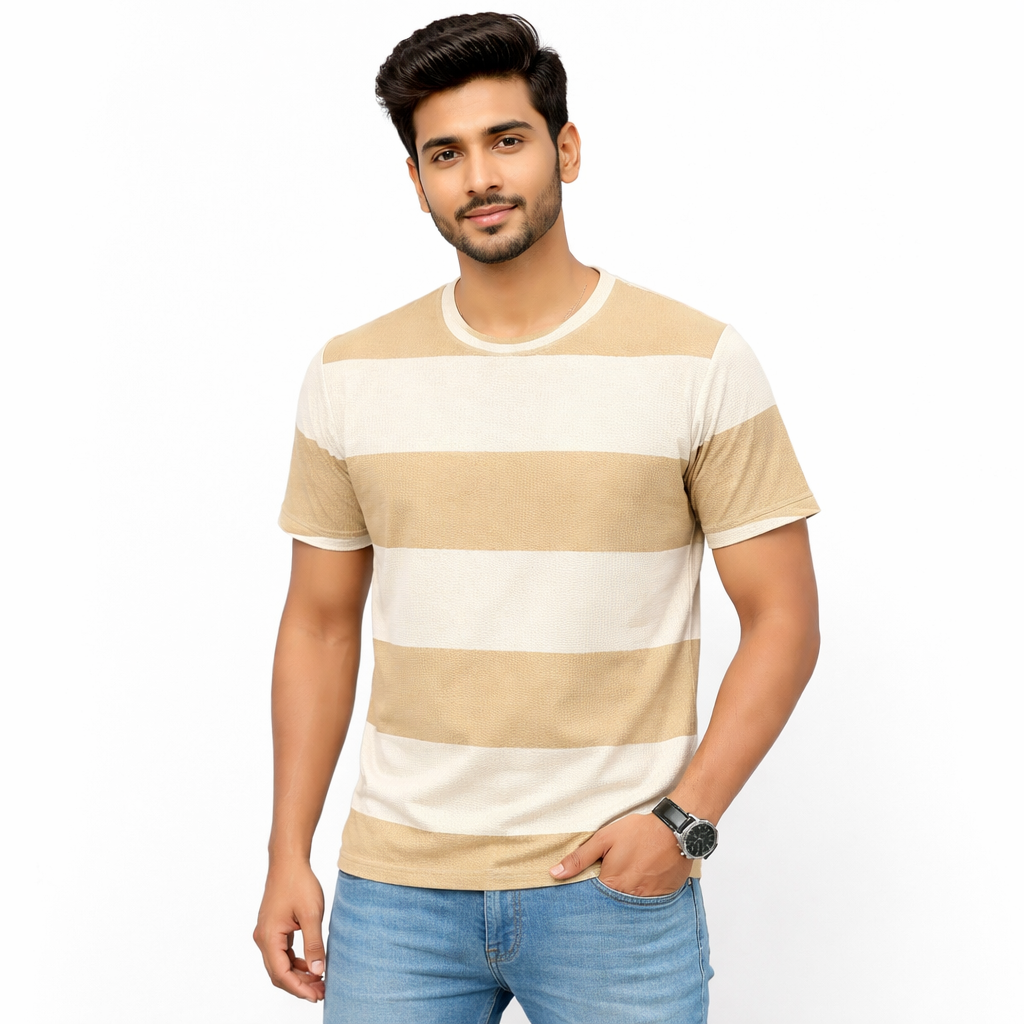 Men Stripped Print Round Neck Polyester Casual Tshirt