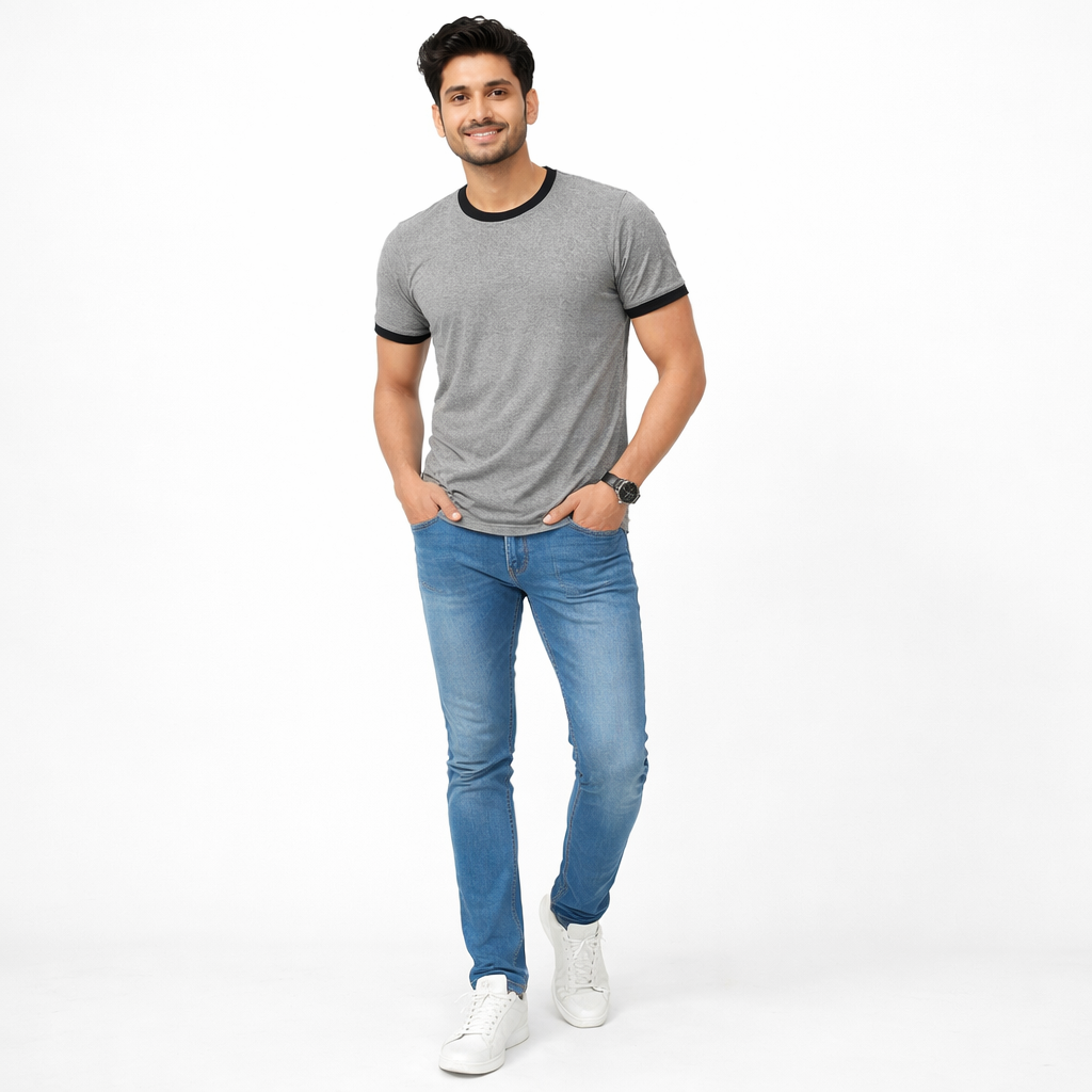 Men Solid Grey Round Neck Polyester Gym Tshirt