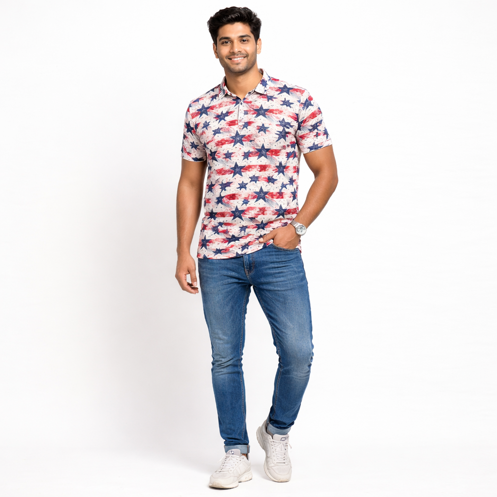 Men Star Print Polo Polyester Casual Tshirt