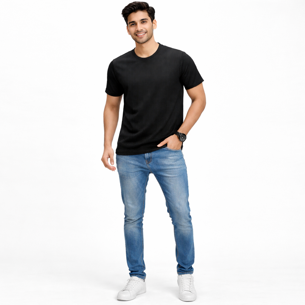 Men Mosaic Solid Black Round Neck Polyester Casual Tshirt