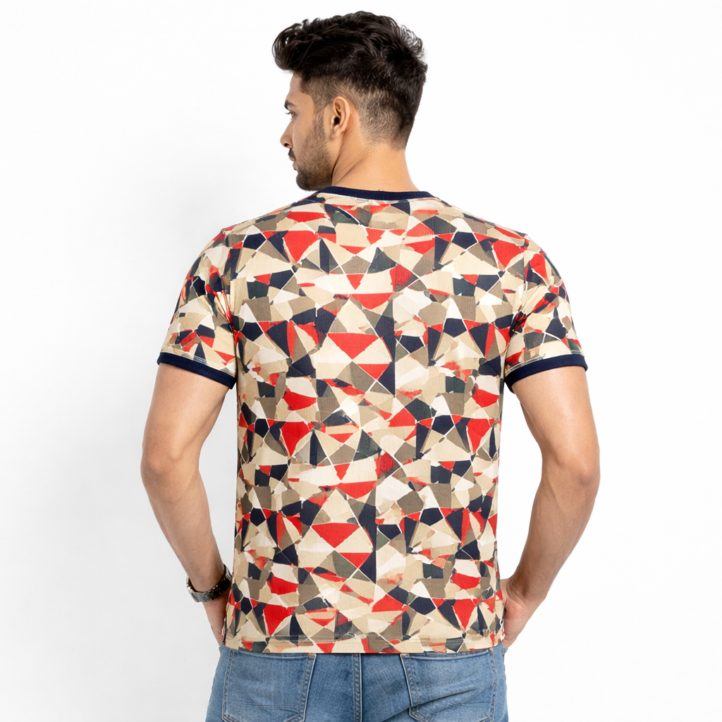 Men Geometric Print Round Neck Polyester Partywear Tshirt