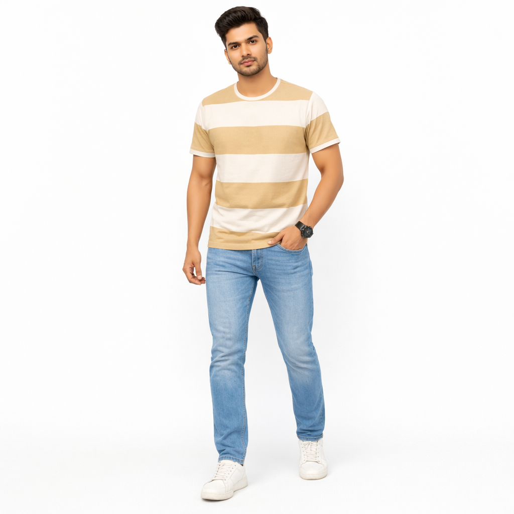 Men Stripped Print Round Neck Polyester Casual Tshirt