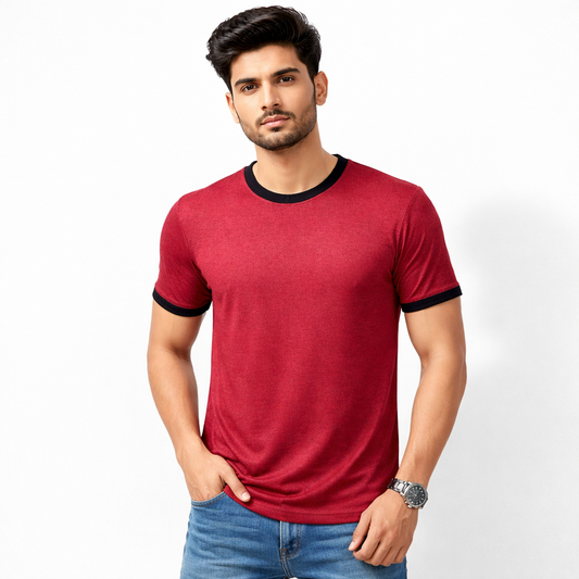 Men Solid Maroon Round Neck Polyester Gym Tshirt